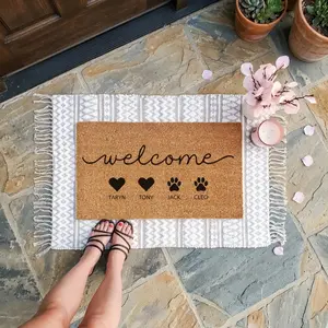 [Ship From US] Personalized Dog Doormat – Custom Family Name Welcome Mat, Natural Coir Fiber Entry Rug, Housewarming Gift for Dog Lovers