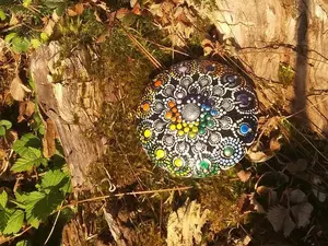 Hand Painted Dot Mandala Stone - Colorful Decorative Art Piece for Natural Settings