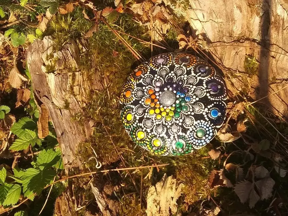 Hand Painted Dot Mandala Stone - Colorful Decorative Art Piece for Natural Settings