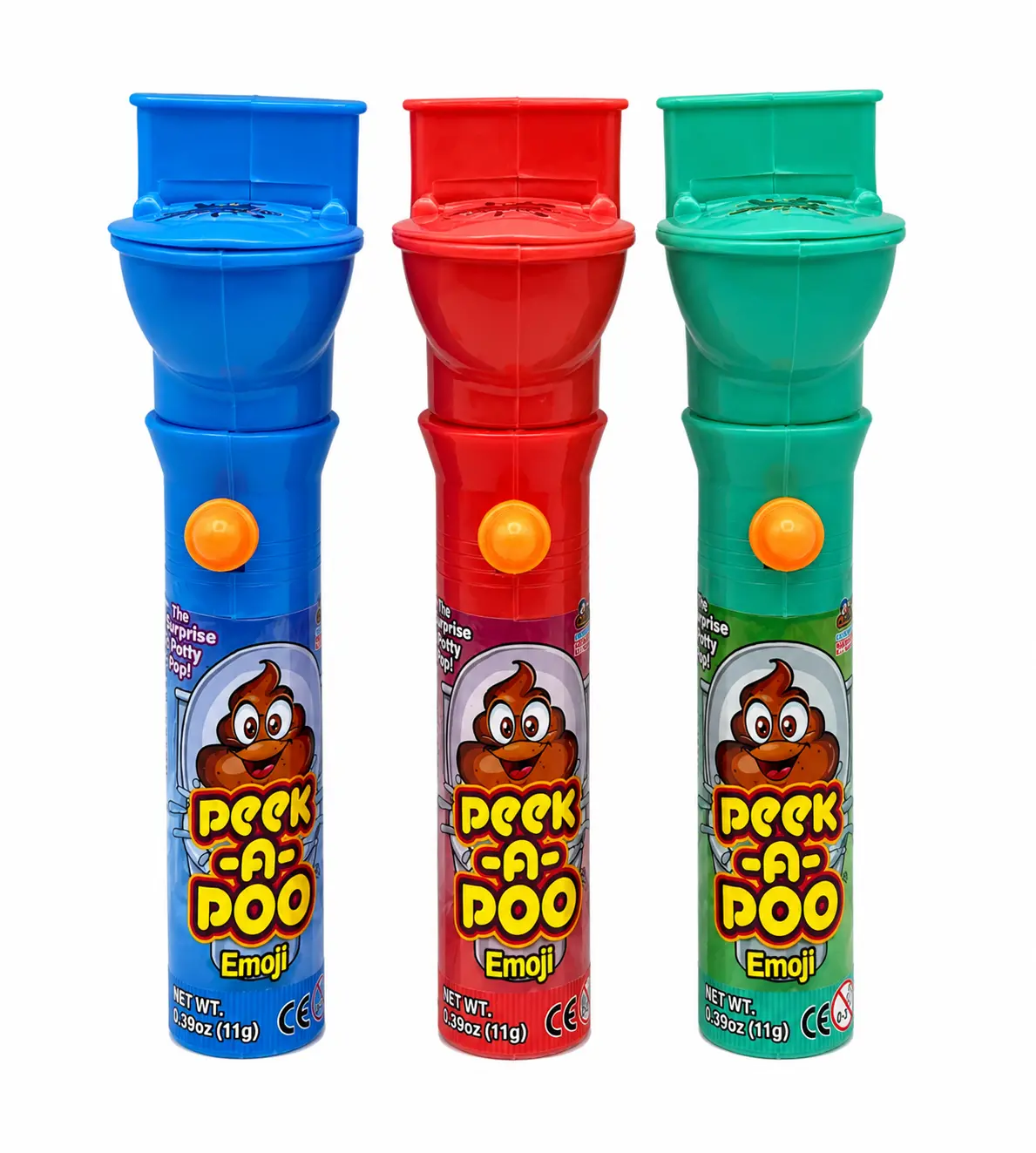 Kidsmania Peek-A-Poo Emoji Surprise Potty Pop Candy Snack, 3-Pack Assorted Flavors Lollipop Treat
