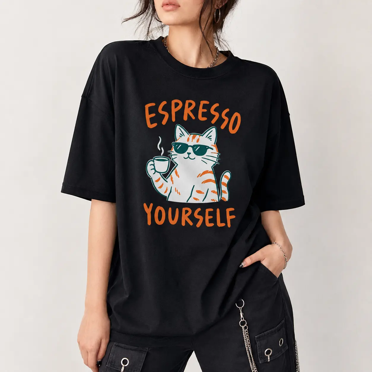 [100% Cotton] Espresso Yourself T-Shirt, Funny Cat Coffee Graphic Tee with Retro Line Art, Espresso Yourself Oversized Shirt for Women, Cute Caffeine Lover Tshirt for Casual Wear, Morning Coffee Outfit and Birthday Gift