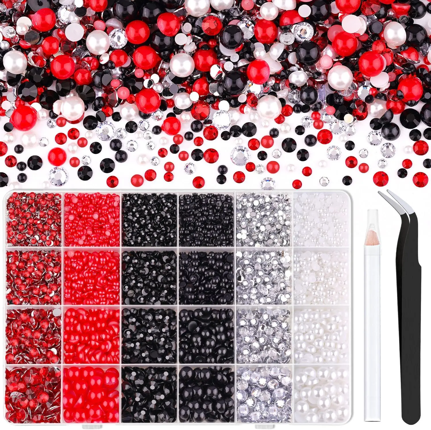 14000PCS Flatback Pearls & Rhinestones Bedazzling Kit - Red, White, Black Mixed 3-10mm Resin Gems for Nail Art, Craft Decorations (Beauty & Personal Care Nail Art Accessories)
