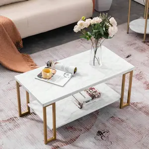 Rectangular Double-Layer Golden Iron Pipe Marble Coffee Table