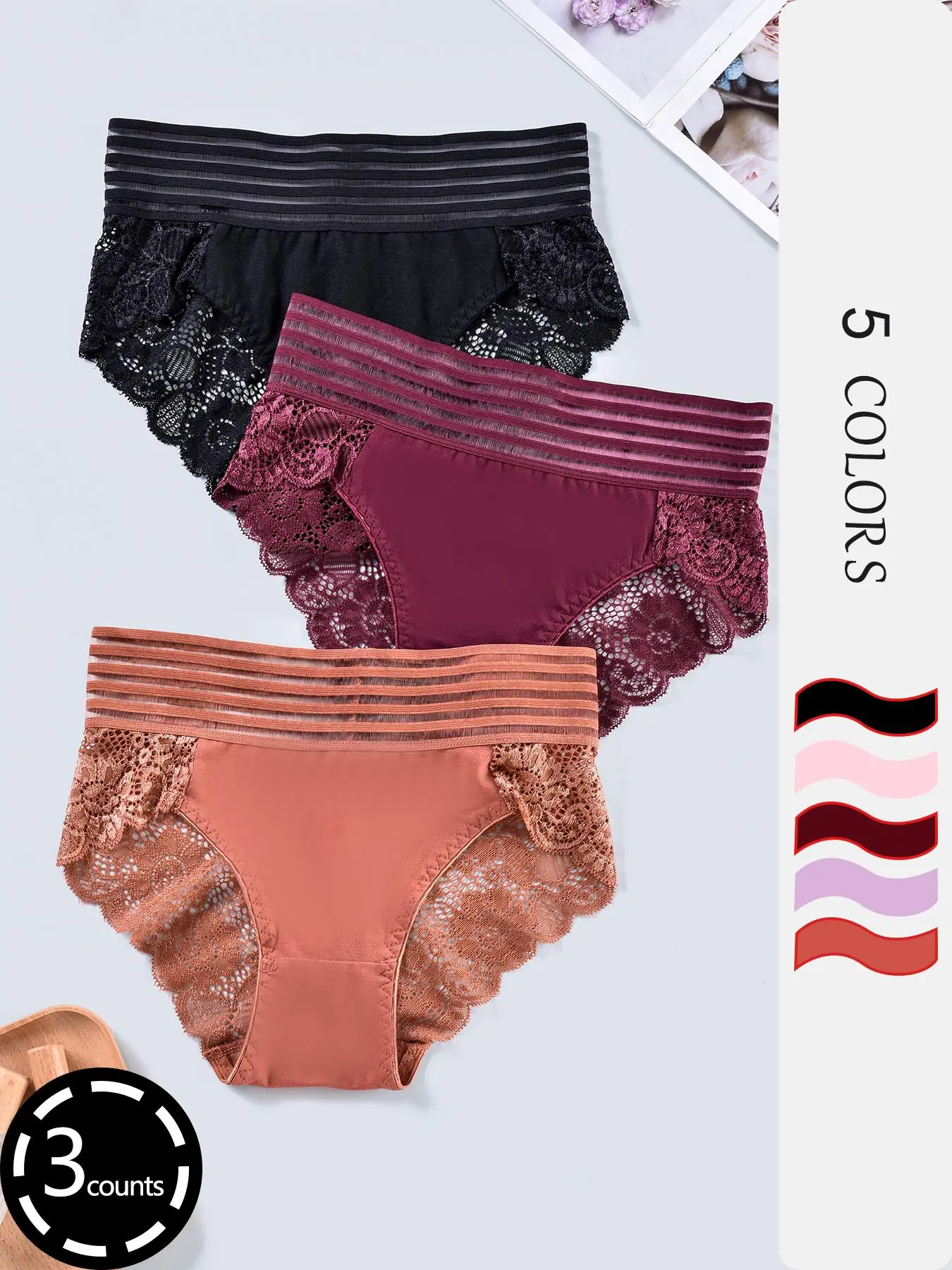 Women's Plain Floral Lace Scallop Trim Knicker, Breathable Comfortable High Waist Panty, Summer Outfits 2024, Women's Underwear For All Seasons