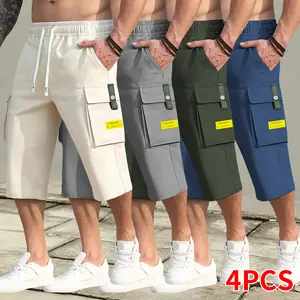 Set of 4 men’s fashion cargo shorts, three-quarter length, large pockets, comfortable skin-friendly material, loose fit, relaxed casual shorts