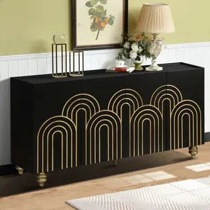 [SOIYELIFE] Modern Fluted Sideboard Buffet with Storage, Curve Element with Strict Lines, 4 Doors Storage Cabinet with Adjustable Shelves for Kitchen, Dining Room, Living Room (Black)   Fine furniture