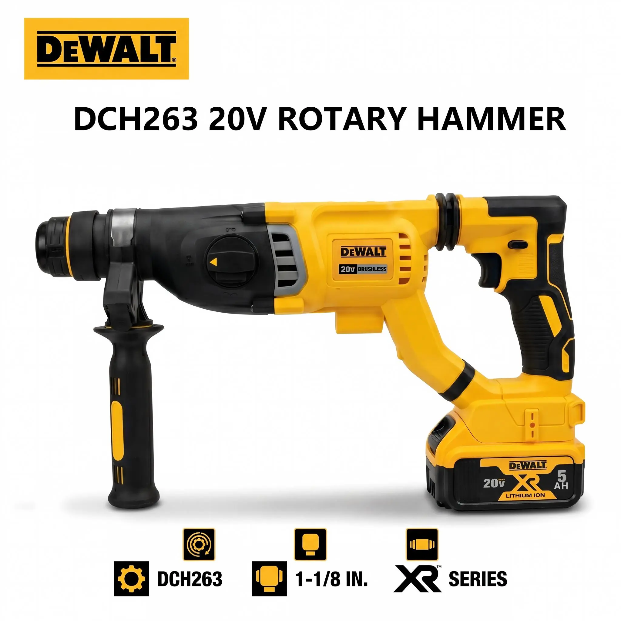 DEWALT DCH263 Handheld Rotary Hammer Impact Drill-3 Working Modes,Ideal for Concrete, Wood, Masonry Perforating, Surface Chipping (Tools & Hardware Power Tool with Batteries Compatibility) wrench torque brushless, Anchoring, electric cordless tool set
