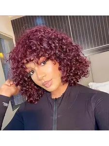 Women's 99j Jerry Curly Short Bob Human Hair Wigs, 180% Density, Full Machine-Made Fringe Bob Wig, 12-Inch Water Wave Design