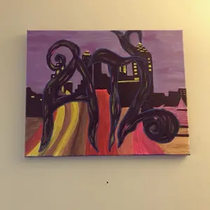 Atl Painting - Vibrant Cityscape with Abstract Swirls and Colorful Details for Modern Home Decor