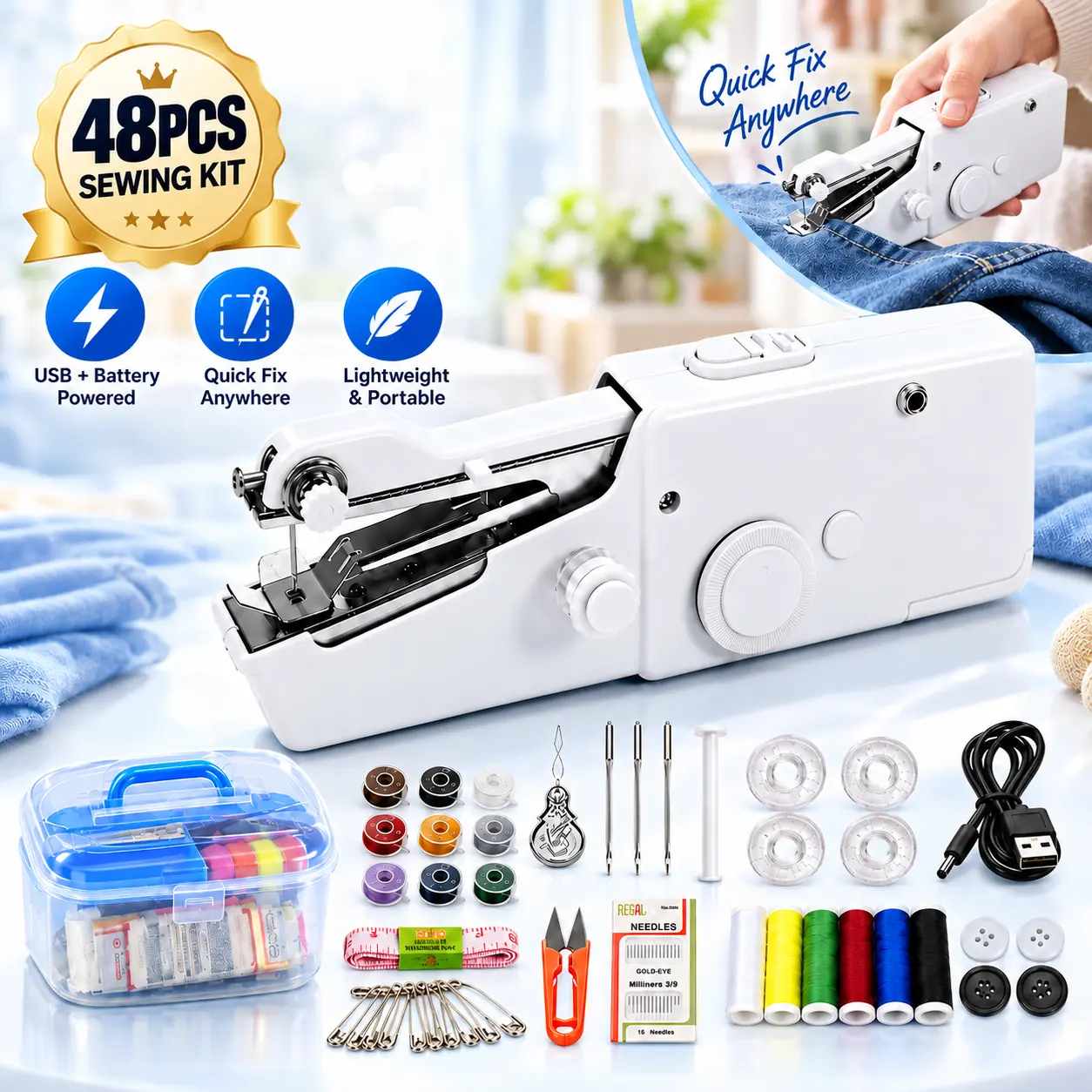 48PCS Mini Electric Handheld Sewing Machine - One-Hand Operation, Fine Stitch, Compact & Portable, Ideal for Quick Repairs