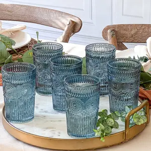 Kate Aspen Textured Striped Blue Drinking Glasses Set of 24, (13 oz) Vintage Glassware Set Cocktail Glass Set, Juice Glass, Water Cups | Hostess Gift, Present for Newlyweds or New Home Owners