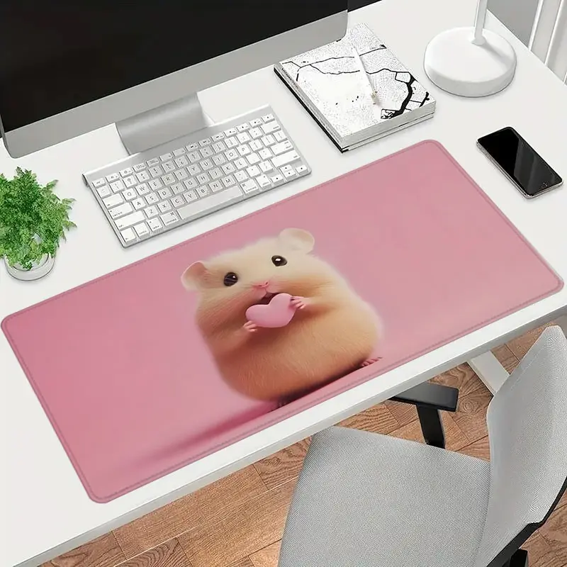 1pc Pink Gaming Mouse Pad Cute Hamster Desk Mat Rubber Base with Stitched Edge Non-Slip Desk Accessories XL Large Extended Keyboard pad for Office Home as Gifts for Men Women Friends