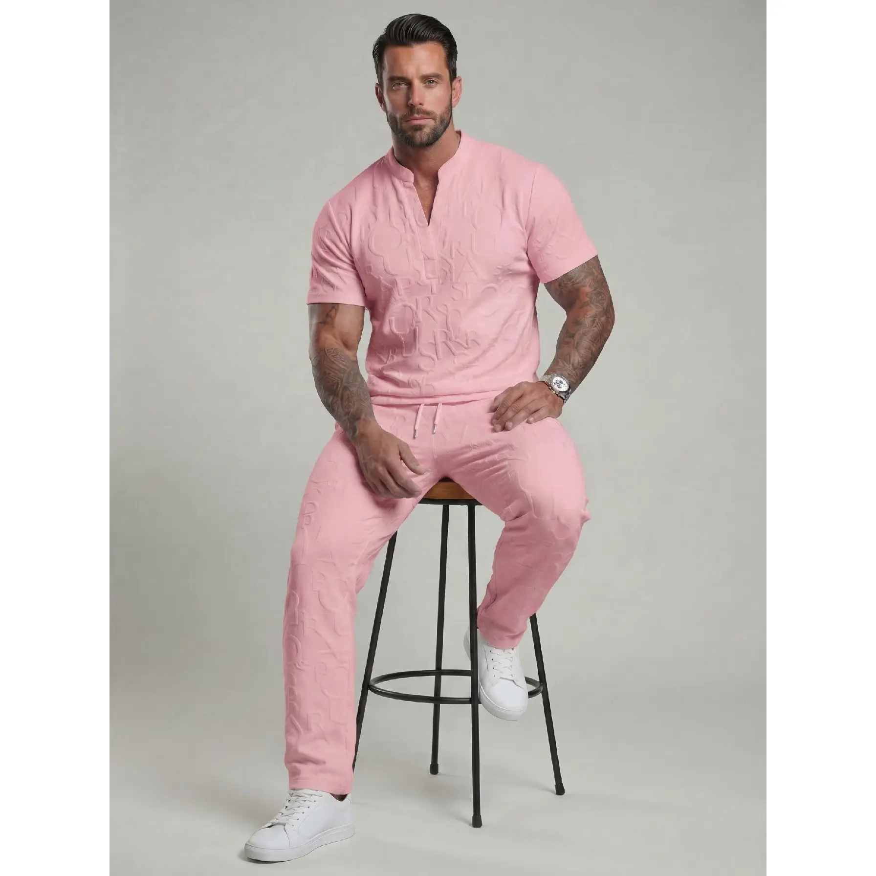 KZZ Men's 2-Piece Menswear Matching Set - Short-Sleeve Textured