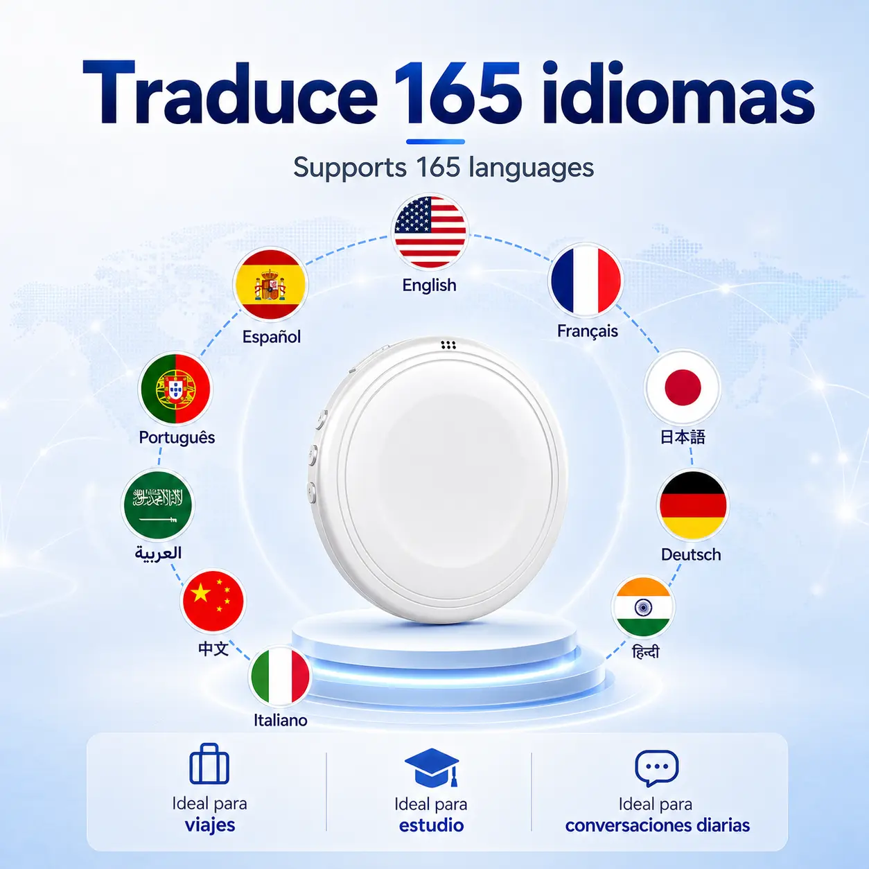 Bluetooth Language Translator Tutor - Spanish & English Practice Companion, 165-Language Support, Accent Assistance for Restaurant Scenarios, Accents, 165 Languages
