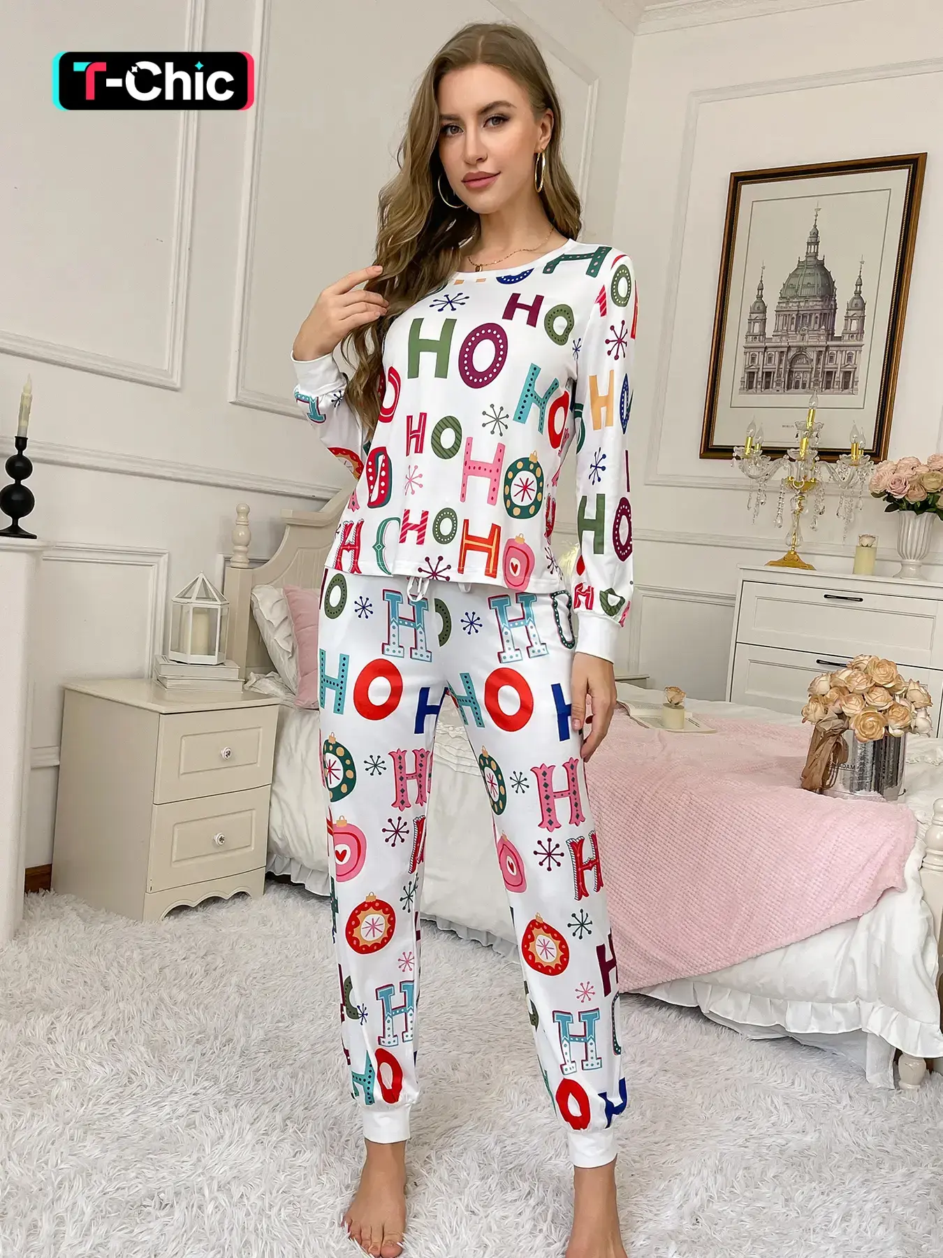 Women's 2-Piece Set with Full-Body Graffiti Letter Print, Long Sleeve & Long Pants, Soft & Comfortable, Skin-Friendly, Smooth Round Neck Top, Elastic Waistband with Bow Decoration, All Seasons, Home, Casual, Everyday Wear, Loungewear, and Pajamas