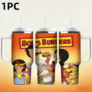 1pc 40oz Happy Burger Shop Tomato Sauce Battle Insulated cup for Bob's Burgers - Fun Cartoon-themed Stainless Steel Water Bottle with Handle & Spout