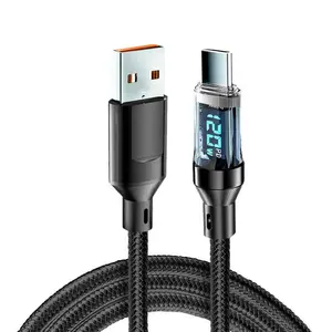 USB-C Data Line with Digital Display, Fast Charging Cable, LED Screen, Flat Nylon Braided Wire, Type-C to USB, Data Sync Cable, USB Charge, for Electronic Devices