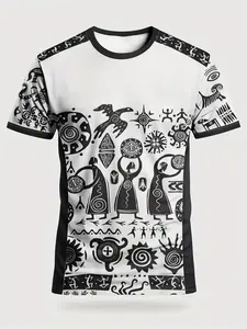 Men's Mexican Aztec Tribal Symbol Sport T-Shirt, Ethnic Street Round Neck Short Sleeve Top, Loose-Fit Geometric Pattern, All Seasons