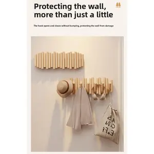 5-Hook Scandinavian Solid Wood Wall Mounted Coat Rack with Shelves - No-Drilling Home Decor Organizer for Entryway, Bedroom Hats, Bags, Scarves