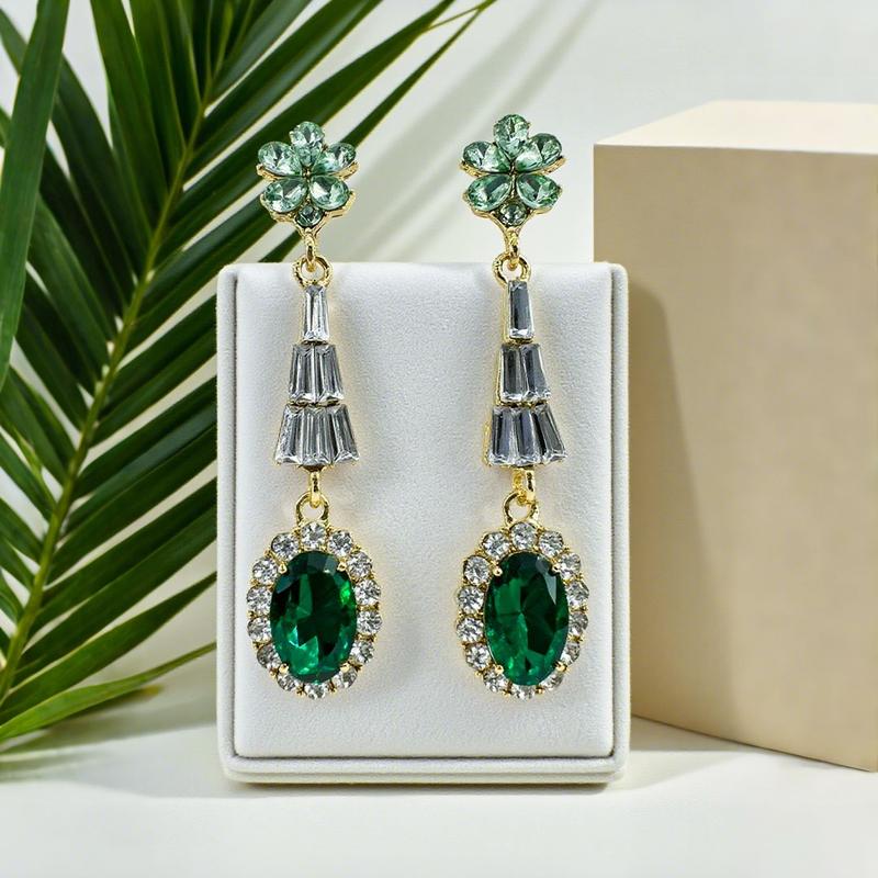 Emerald Gem de UGood Eardrop and Ring, Zicron and Brass Eardrop and Ring Amplifying Aesthetic for Party and Business Occasions, Green Gem Gives you Faith and Luck