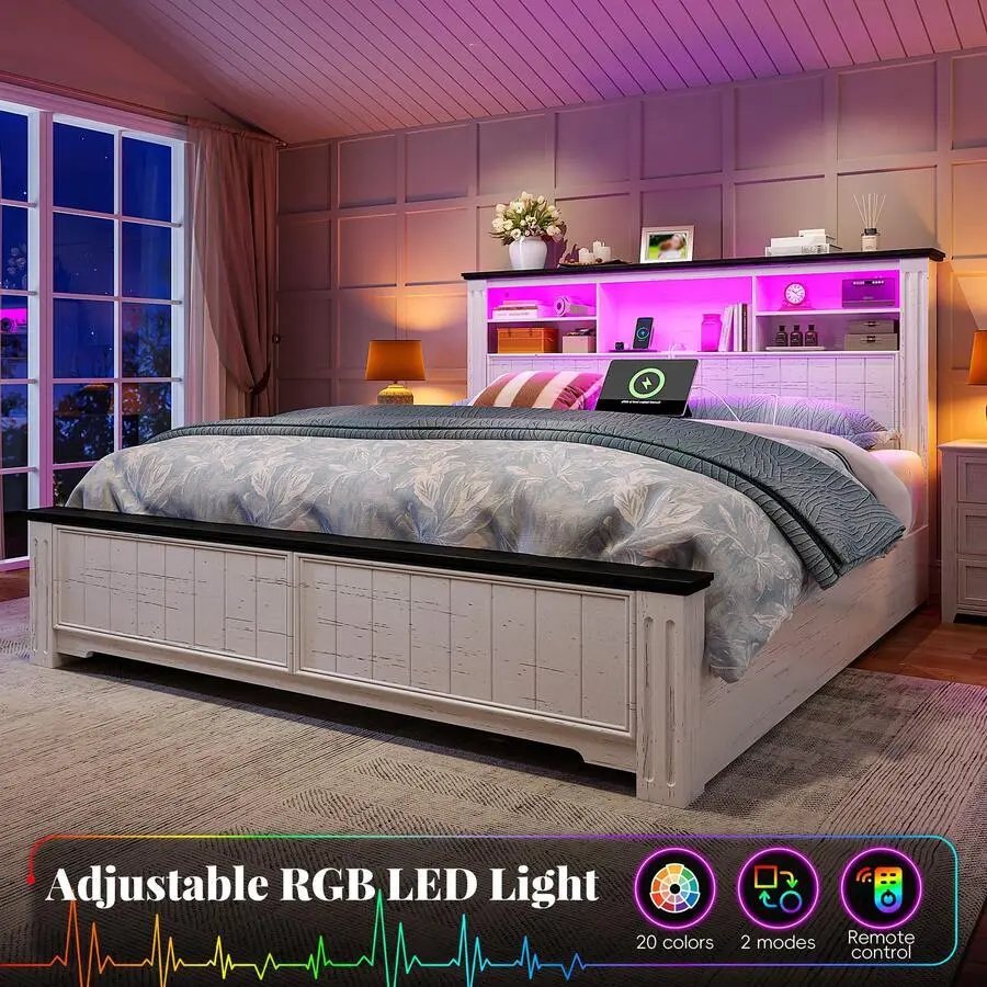 Farmhouse Bed Frame - Platform Bed with LED Lights, Charging Station, Bookcase Headboard, 4 Drawers and No Noise
