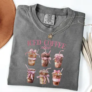 Comfort Color Iced Coffee Club Tee, Trendy Mom Coffee Lover T-Shirt, Pink Coquete Bow Shirt, Unisex T-Shirt