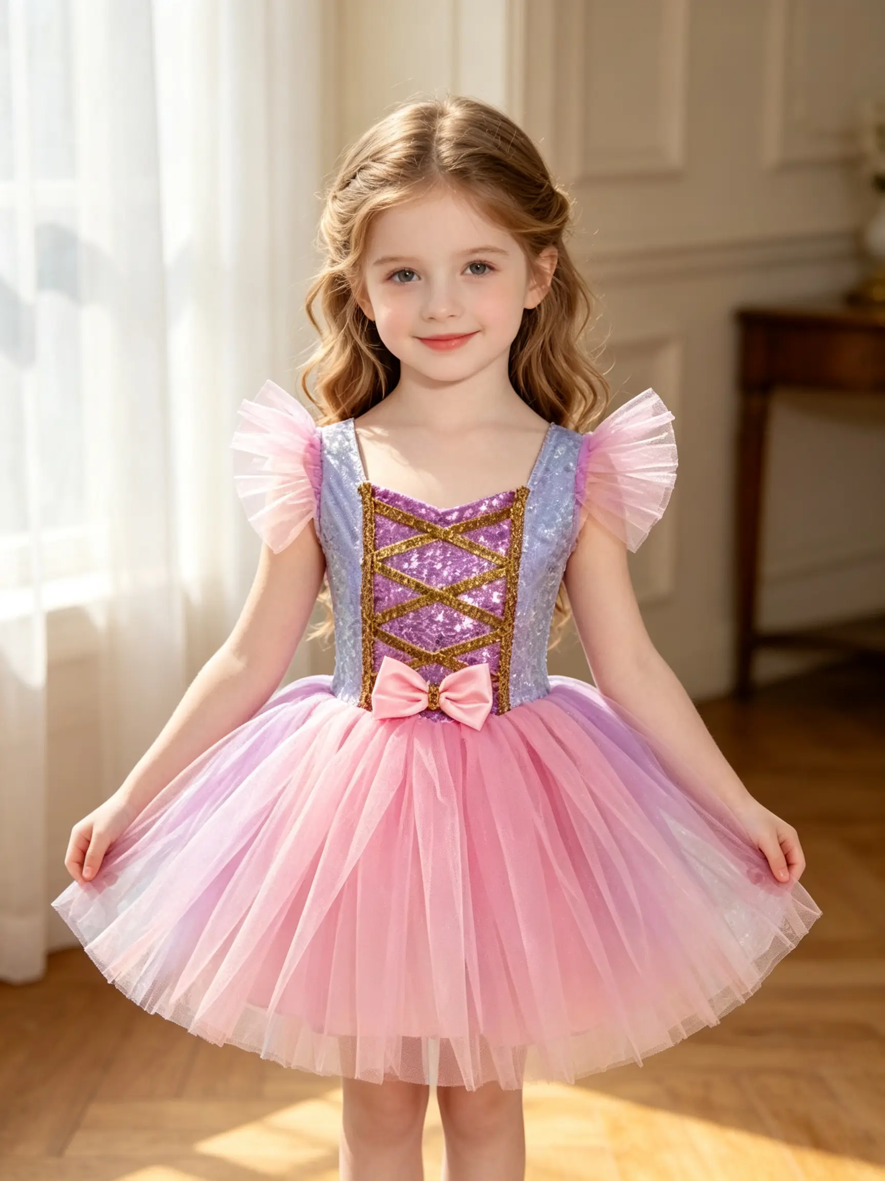 Girls Rapunzel Princess Tutu Dress, Sparkle Sequin Tulle Costume, Kids Birthday Party Fancy Dress for Little Girls Halloween Cosplay Outfit