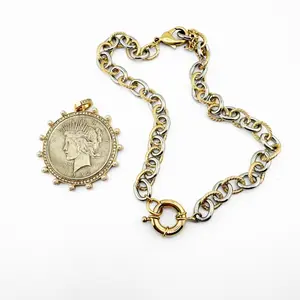 American Coin Pendant & Chain Set - Gold & Silver Tone, 49mm Rhinestone-Embellished, Versatile Wear for Upscale Style