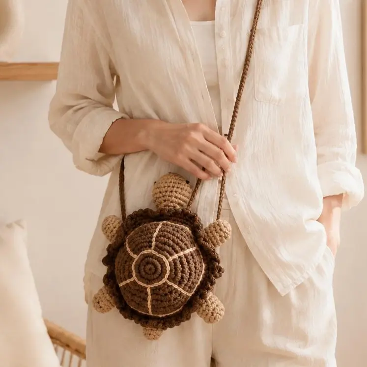 Handmade Turtle Crossbody Bag for Women & Girls, Cute Kawaii Crochet Knit Yarn Purse with Shell Detail, Small Bag for Casual Wear, Handmade Crafted, Turtle Shell, Drawstring, Eco-Friendly Yarn, Farmers Markets & Cafés, Lightweight