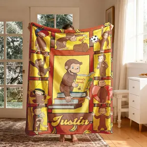 Curious George Flannel Blanket, Large Soft Lightweight Warm, Perfect for Bed Sofa Office Camping Travel, Christmas Winter Gift, Soft Warm Throw, Cozy Blanket
