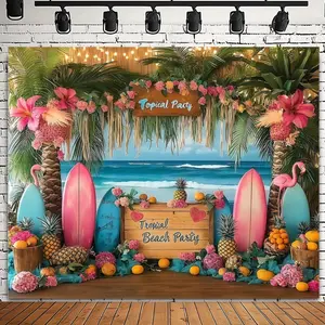 1pc 2D flat Tropical Beach Party Themed Backdrop Banner, Flamingo Pineapple Surfboard Decor Cloth, Summer Pool Party, Beach Gathering, Hawaiian Style Event Atmosphere Decoration Background Cloth