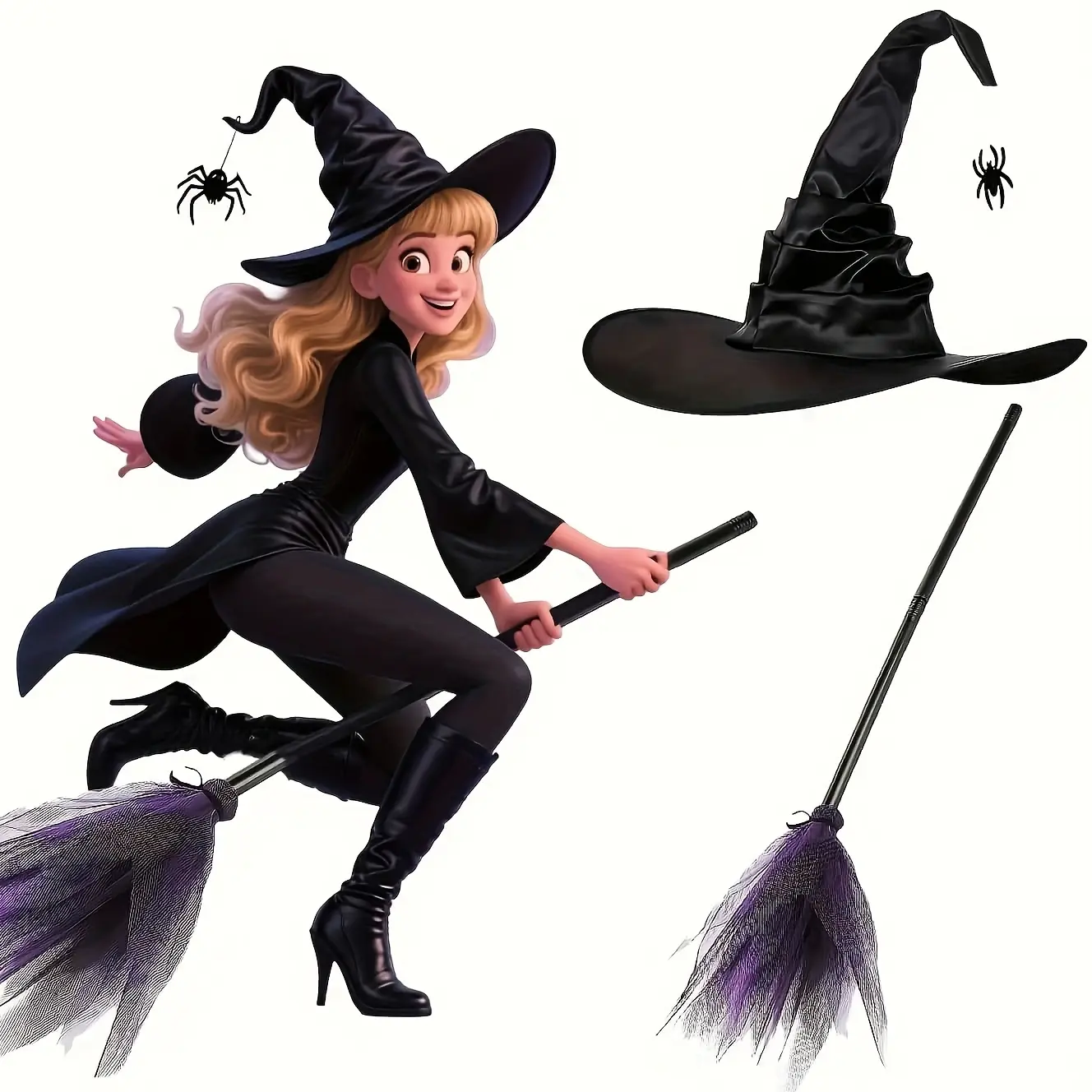 2Pcs witch hat witch broom, black pointed adult Halloween accessories, Halloween party, role-playing and theme activities