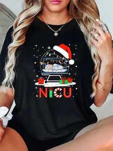 100% Cotton Unisex Neonatal Intensive Care Unit Xmas Funny Nicu Nurse Christmas T-Shirt，Autumn Women's T-shirt Christmas Happy Letter Snowflake Fun Pattern
