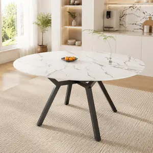 47-63 inch Extendable White Circular Dining Table for 4-6 People, Modern Kitchen Table with MDF Top and Metal Legs, Space-Saving Round Dining Table for Home, Apartment, Restaurant, Easy Assembly, White Color Options, MDF Material