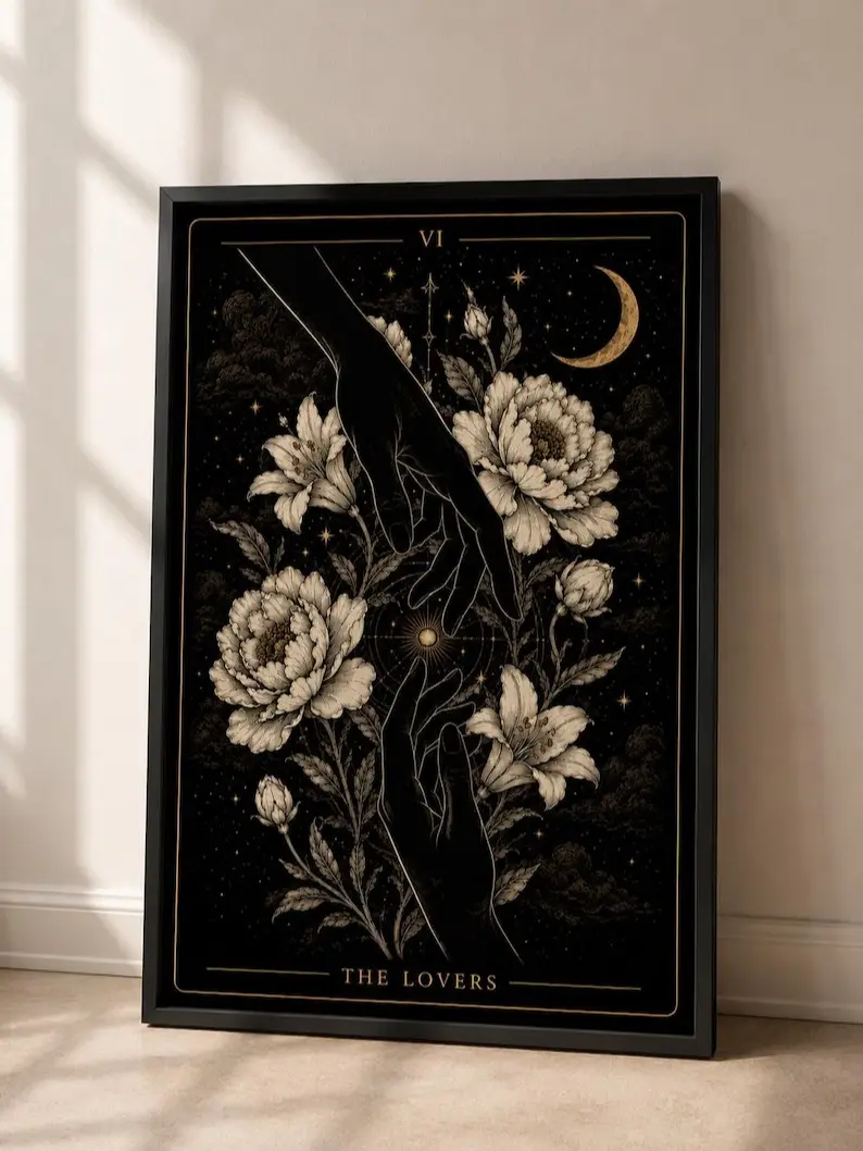 The Lovers Tarot Poster - Artistic Paper Photo, Home Decor Decoration, Romantic Gothic Wall Art, Witchy Dark Academia Home Inspo Print homedecor