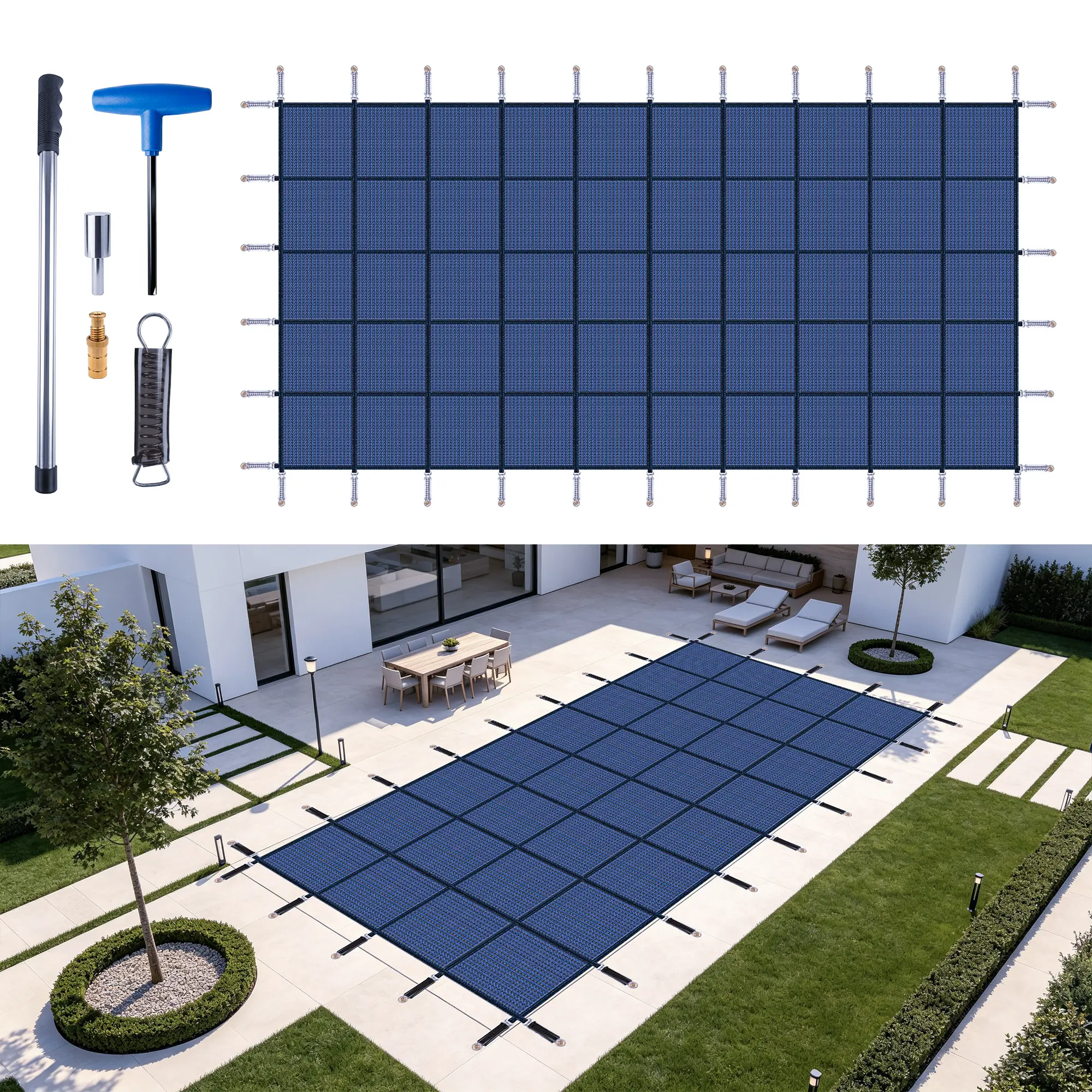 Rectangular Winter Pool Safety Cover, High-Strength Polypropylene Mesh, Blue, for 25x45 ft Inground Pools, Includes Installation Tools