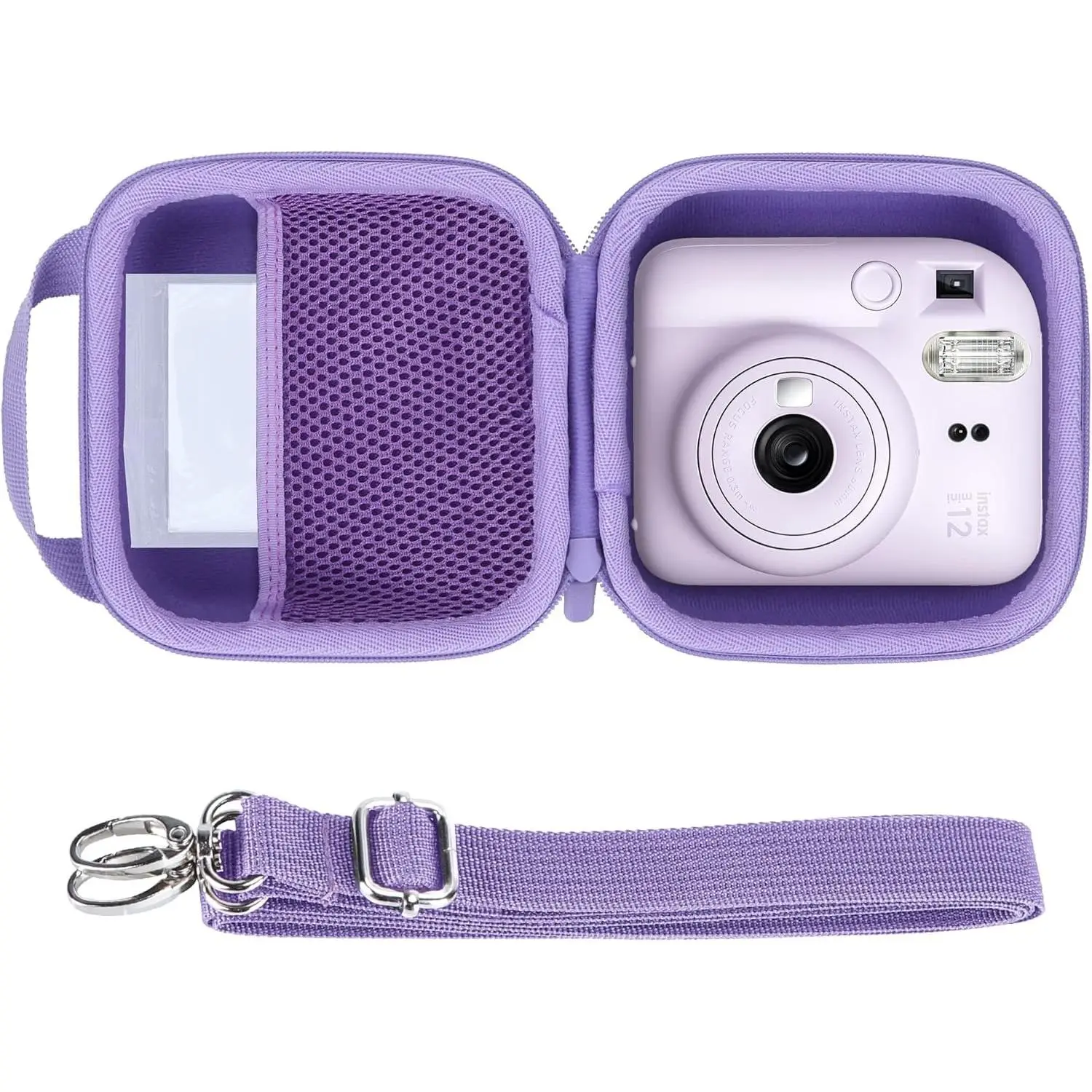 X-SBB13 Compact Fit Nylon+EVA Fabric Protective Cover Case with Zipper for Fujifilm Instax Mini 12/11 Camera - Camera Accessory with Adjustable Sturdy Handle, Detachable Design, Mesh Pocket, Single-Shoulder Bag (Lilac Purple, Protection-Focused)
