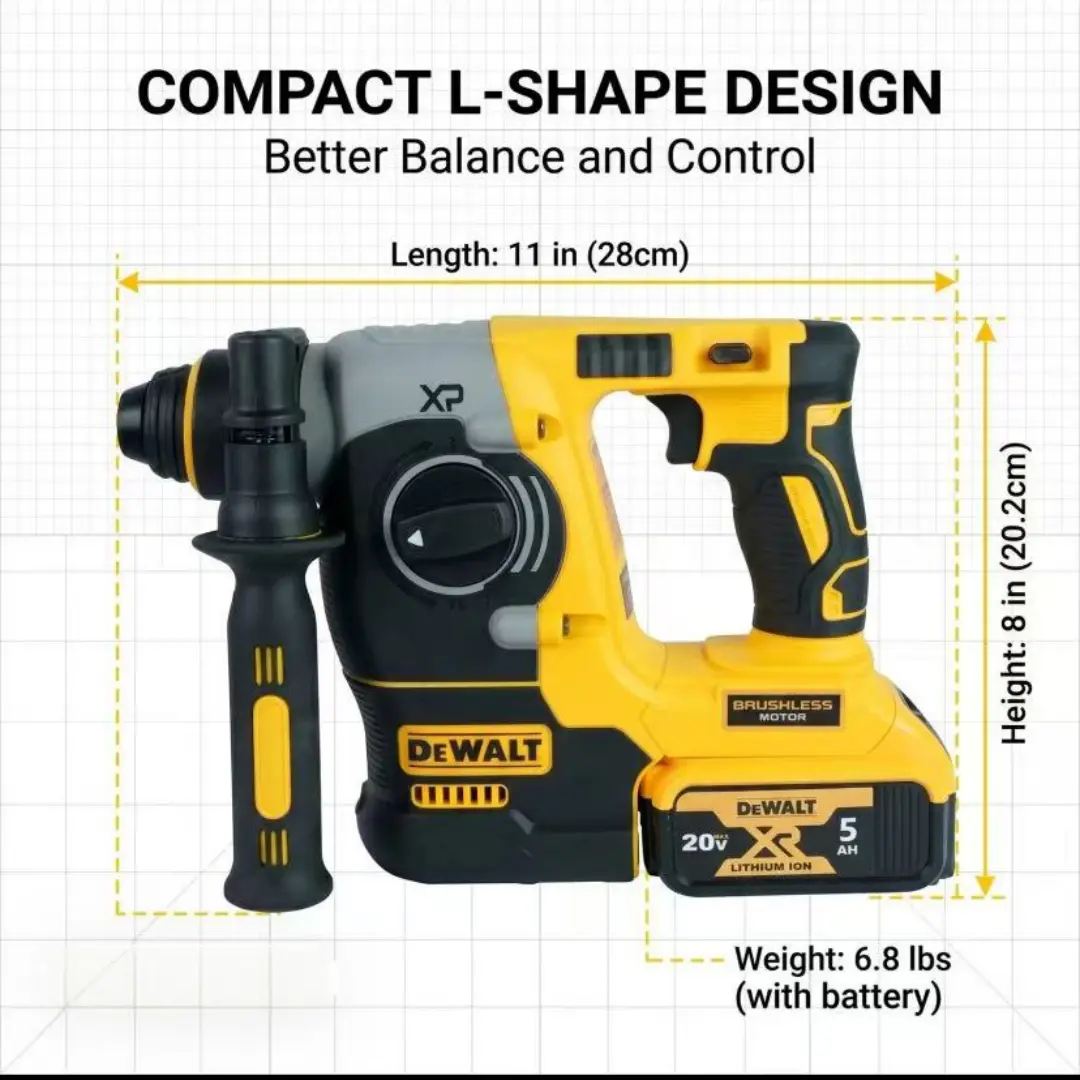 DEWALT DCH273 20V Power Brushless Cordless Rotary Hammer - Compact Drill with 360° Handle, 6.0Ah Battery, Tough Materials for Masonry Drilling