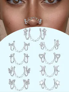 Boho Style Fake Nose Ring with Heart Shaped Chain Stainless Steel Non Piercing Nose Ring Multiple Styles Heart Flower Butterfly Star Moon Cubic Zirconia Nose Ring Fake Nose Ring Fake Nose Piercing Jewelry Body Jewelry Silvery