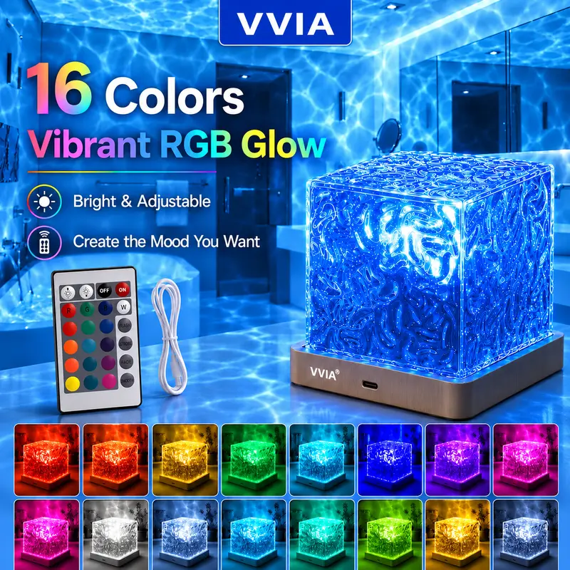 Rechargeable Ocean Wave Projector Light Shower Water Ripple Lighting Mood Ambient Room 16 Color LED Waterproof,Bathroom Northern Light Lamp USB Remote,Cube Night Decor for Kids Room,Girl Gift Shower suitable for bedrooms game rooms parties Christmas