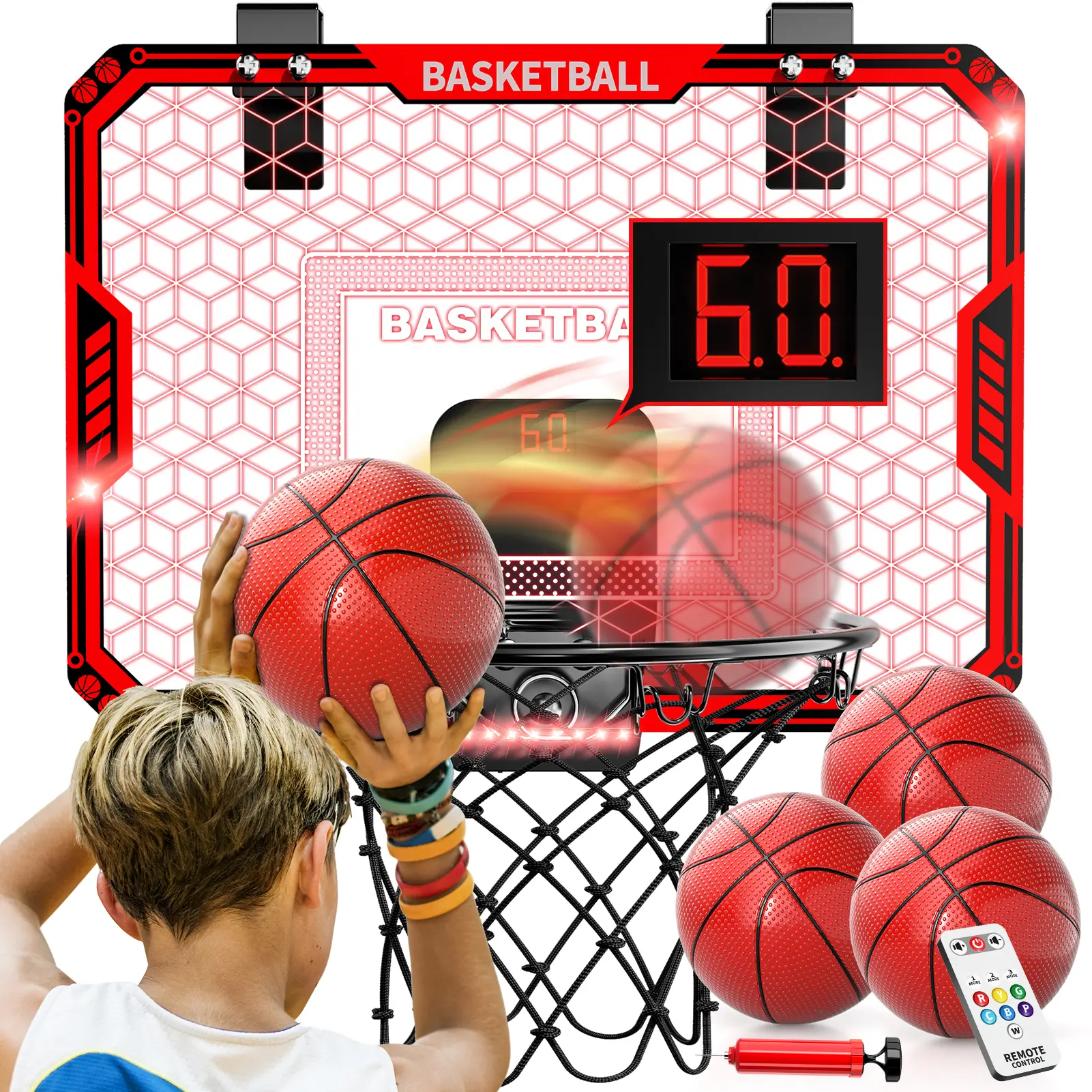 With electronic scoreboard,comes with 4 basketballs, foldable and portable indoor and outdoor basketball set, wall-mounted door frame mini basketball hoop, Christmas,birthday, Father's Day gift for kids and adults, durable home,bedroom, office sports toy