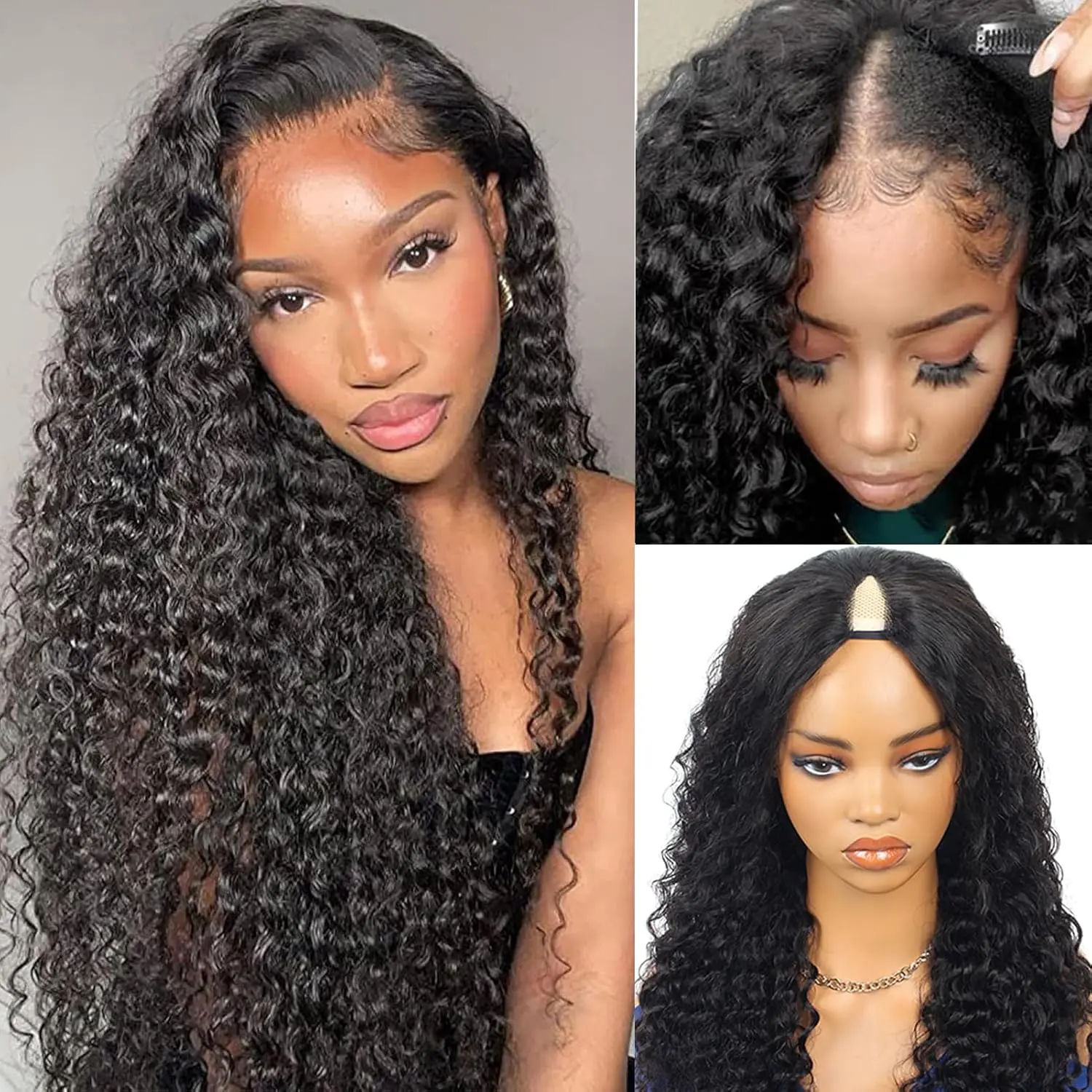 V Part Wig Deep Wave Human Hair Little Leave Out Upgrade U Part Wig Human Hair for Women 180% Density Curly V Part Wig Kinky Curly Thin Part V Shape Wig No Glue No Sew Clip In Natural Black Color