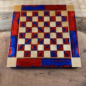 Deep Blue Red Lava Maple Wood Chess Board (INCLUDES PIECES)