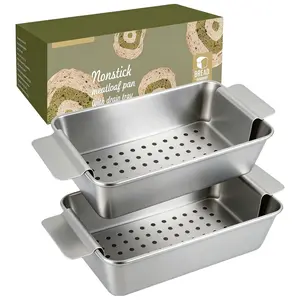 【2-Pack with Drain Tray】Nonstick Meatloaf Pan Set 9.8×5.7" - Easy Release Carbon Steel Loaf Pans for Bread, Cake, Roast Meat - Oven Safe Bakeware (Silvery/Black)