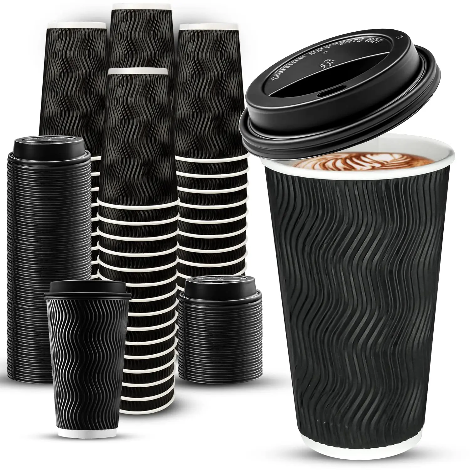 100 Pack 16 Oz Disposable Insulated Coffee Cups With Lids  Paper To-go For Bars Hot Chocolate Cocoa And Tea Drinks - Black