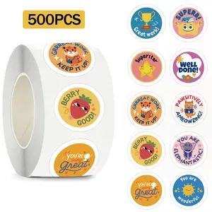 Round Reward Sticker (500pcs/roll), Cute Cartoon Pattern Motivational Sticker, Decorative Sticker for Students, Teachers, Decoration Sticker, Classroom Reward Stickers