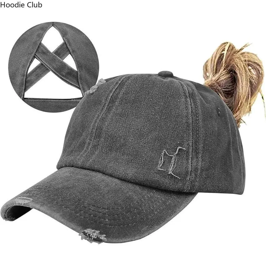 Women's Distressed Cotton Criss Cross Ponytail Trucker Hat - Female Messy Bun Cutout Cap, Adjustable, Breathable, 1 Size, All Seasons for Outdoor Sports