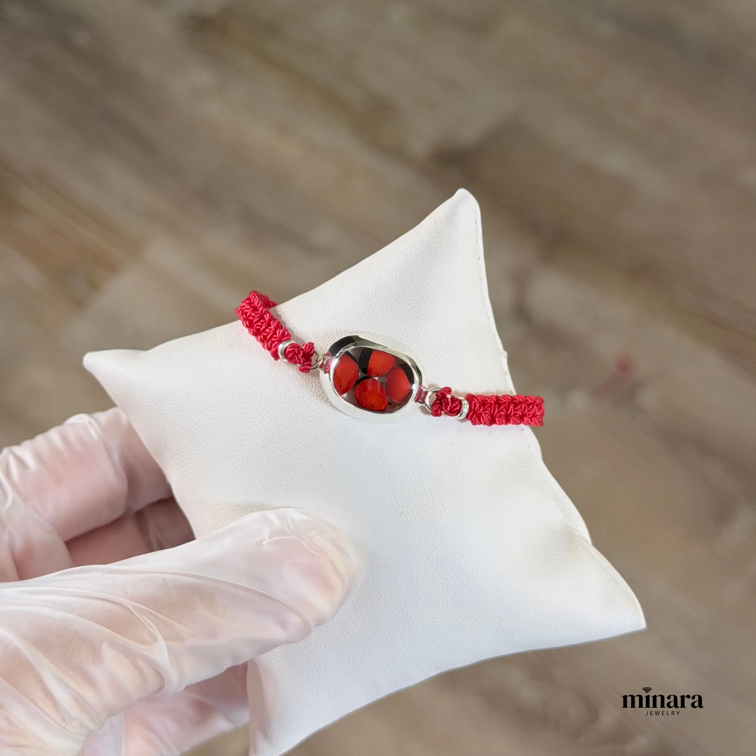 MINARA 950 Silver - Hilo Rojo Huayruro - Adjustable Red Thread Bracelet with Natural Huayruro Seed 6'' to 8''