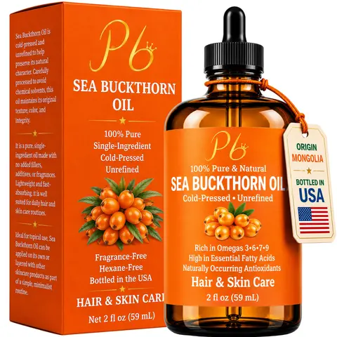 Sea Buckthorn Oil 2 fl oz | 100% Pure, Cold-Pressed, Unrefined | Face, Hair, Skin & Nails | Amber Glass Bottle (External Use Only)