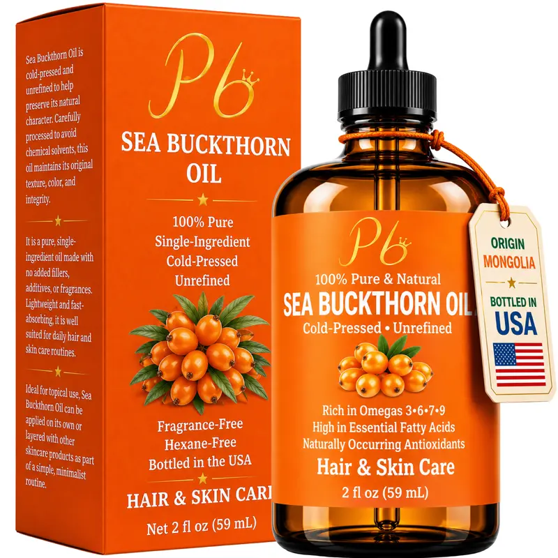 Sea Buckthorn Oil 2 fl oz | 100% Pure, Cold-Pressed, Unrefined | Face, Hair, Skin & Nails | Amber Glass Bottle (External Use Only)